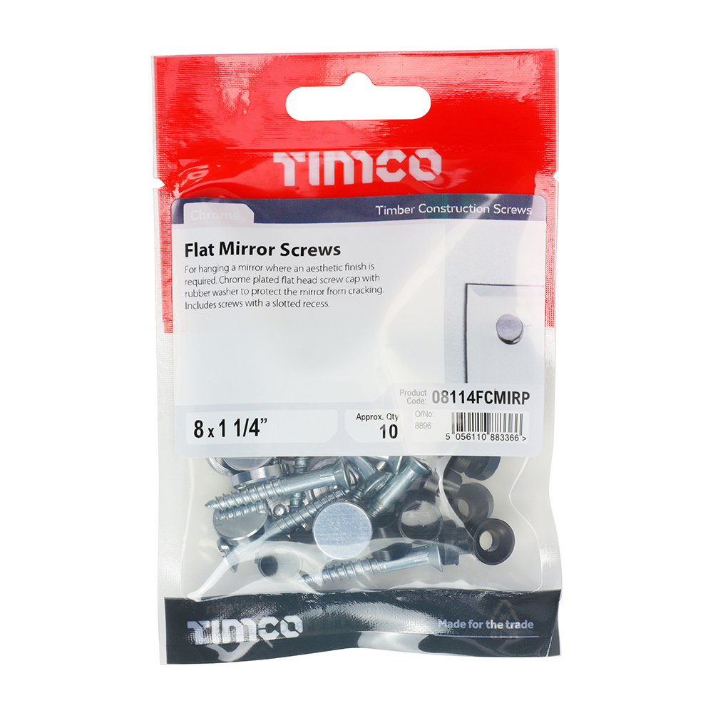 Timco Mirror Screw Flat Chrome 8 x 1 1/4in (Pk10)