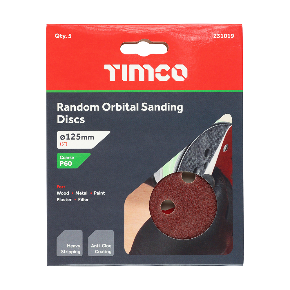 Timco 125mm Random Orbital Sanding Discs - 60 Grit - Red - 5PK