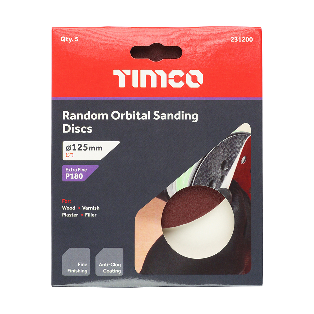 Timco 125mm Random Orbital Sanding Discs - 180 Grit - Red - 5PK
