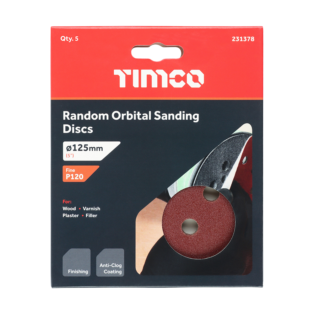 Timco 125mm Random Orbital Sanding Discs - 120 Grit - Red - 5PK