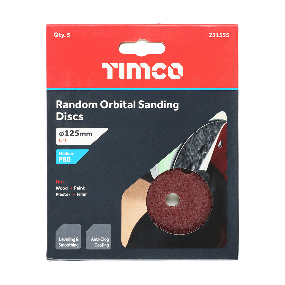 Timco 125mm Random Orbital Sanding Discs - 80 Grit - Red - 5PK