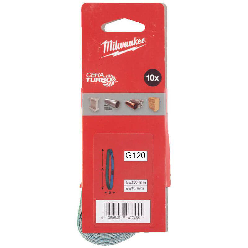 Milwaukee 4932492876 10pc Band File Sand Belts - 10mm x 330mm G120