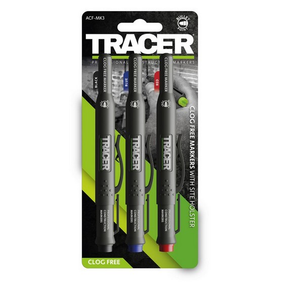 Tracer Clog Free Marker 3 Piece Kit - X1 Black / X1 Blue / X1 Red & Holsters - ACF-MK3