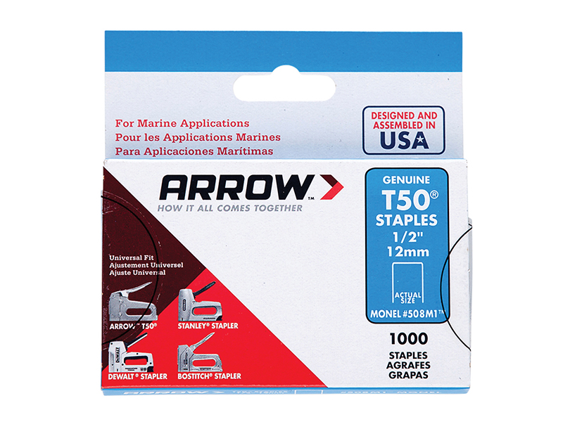 Arrow T50M 508m Monel Staples 12mm (1/2in) (Box 1000) ARRT5012MS