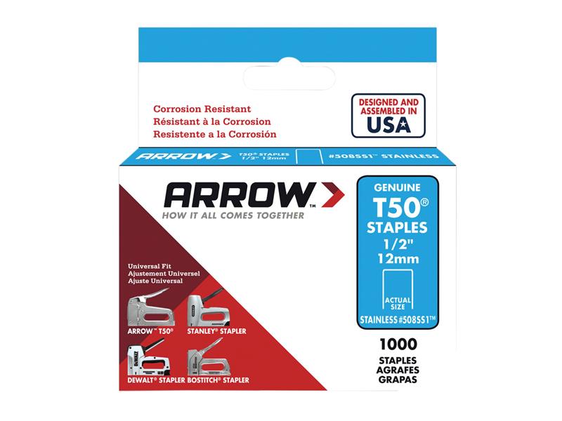 Arrow T50 Staples Stainless Steel 508SS 12mm (1/2in) (Box 1000) ARRT5012SS