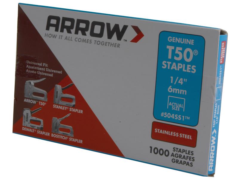 Arrow T50 Staples Stainless Steel 504SS 6mm (1/4in) (Box 1000) ARRT5014SS