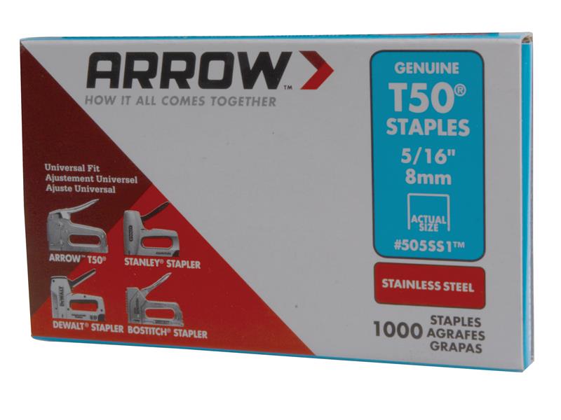 Arrow T50 Staples Stainless Steel 505SS 8mm (5/16in) (Box 1000) ARRT50516SS