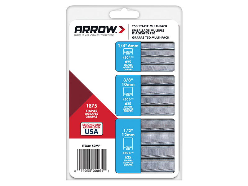 Arrow T50 Staples Multi Pack 6mm  10mm &amp; 12mm (Box 1875, 3 x 625) ARRT50SMP