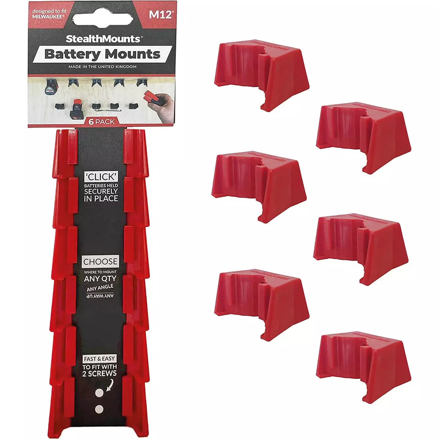 Stealthmounts - Milwaukee RED M12 Battery Mounts 6pc - BM-MW12-RED-6