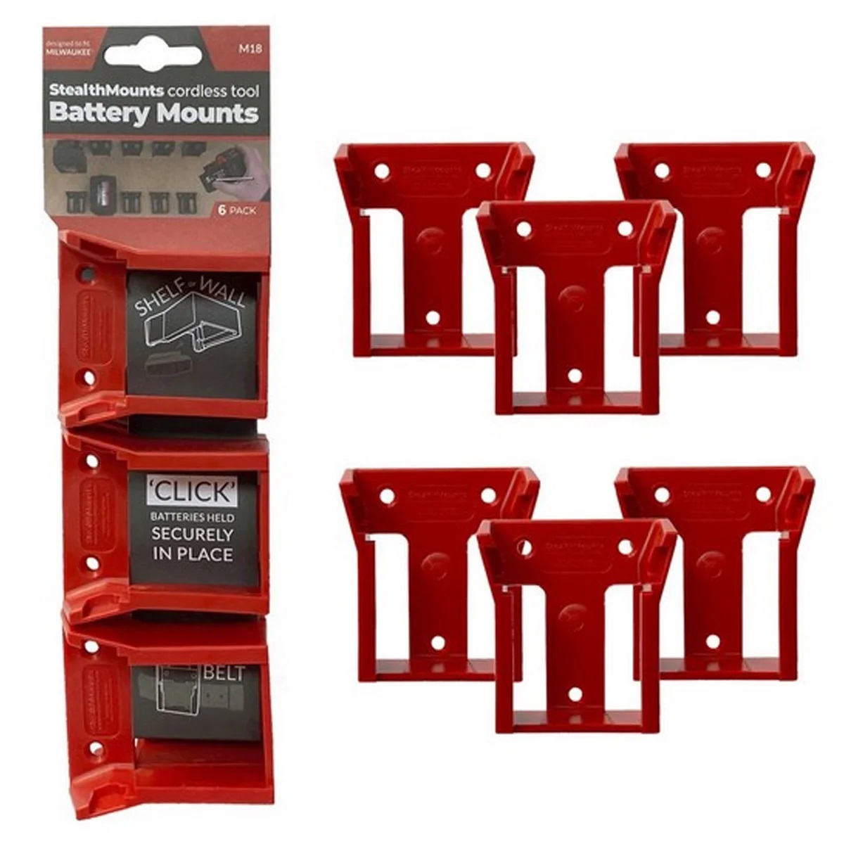 Stealthmounts - Milwaukee RED M18 Battery Mount 6pc - BM-MW18-RED-6