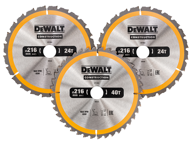 DeWALT Power Tools DT1962 Construction Circular Saw Blade 3 Pack 216 x 30mm 2 x 24T 1 x 40T DEWDT1962QZ