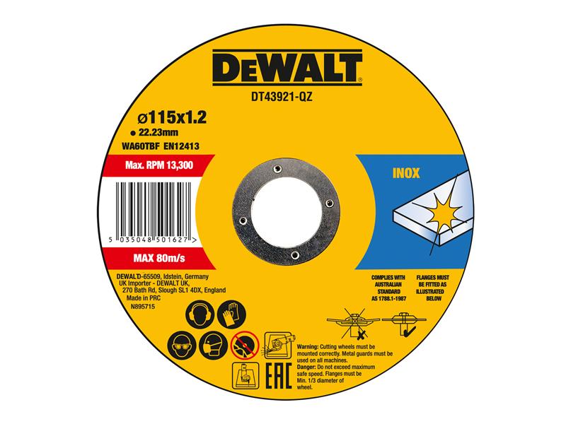 DeWALT Power Tools DT43921 Metal Cut Off Disc 115 x 1.2 x 22.23mm (Pack 10) DEWDT43921QZ