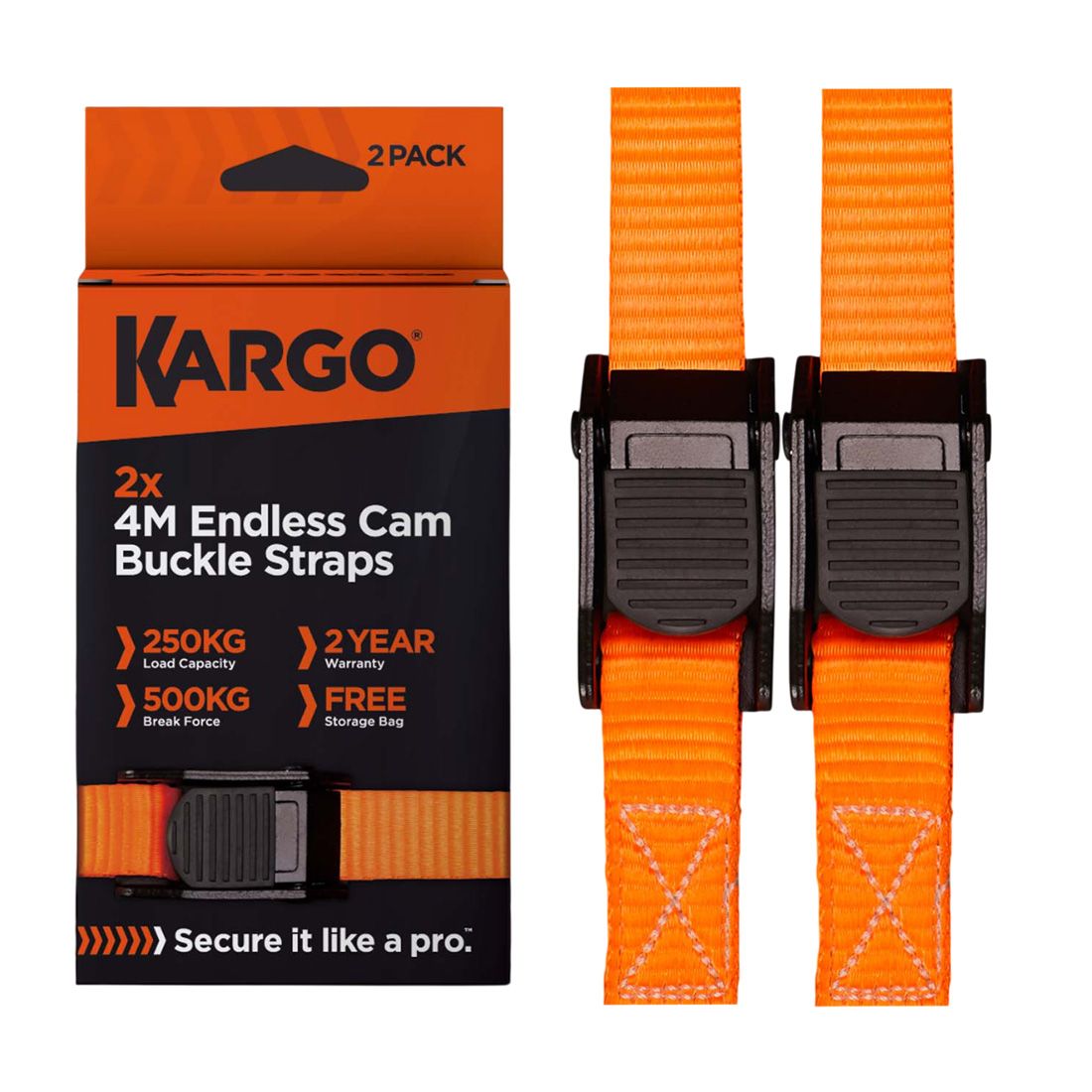 Kargo Endless Cam Buckle Strap 4m x 25mm 500kg break strain 2pk