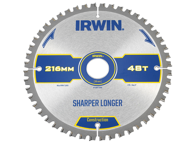 IRWIN Construction Mitre Circular Saw Blade 216 x 30mm x 48T ATB/Neg IRW1897396