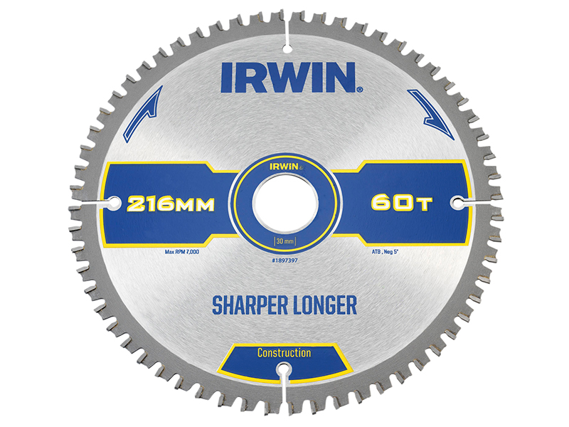 IRWIN Construction Mitre Circular Saw Blade 216 x 30mm x 60T ATB/Neg IRW1897397