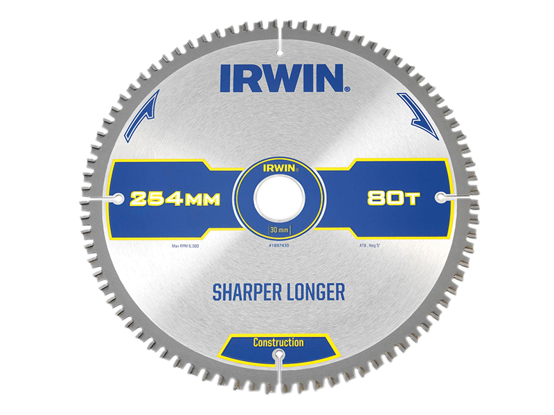 IRWIN Construction Mitre Circular Saw Blade 254 x 30mm x 80T ATB/Neg IRW1897430