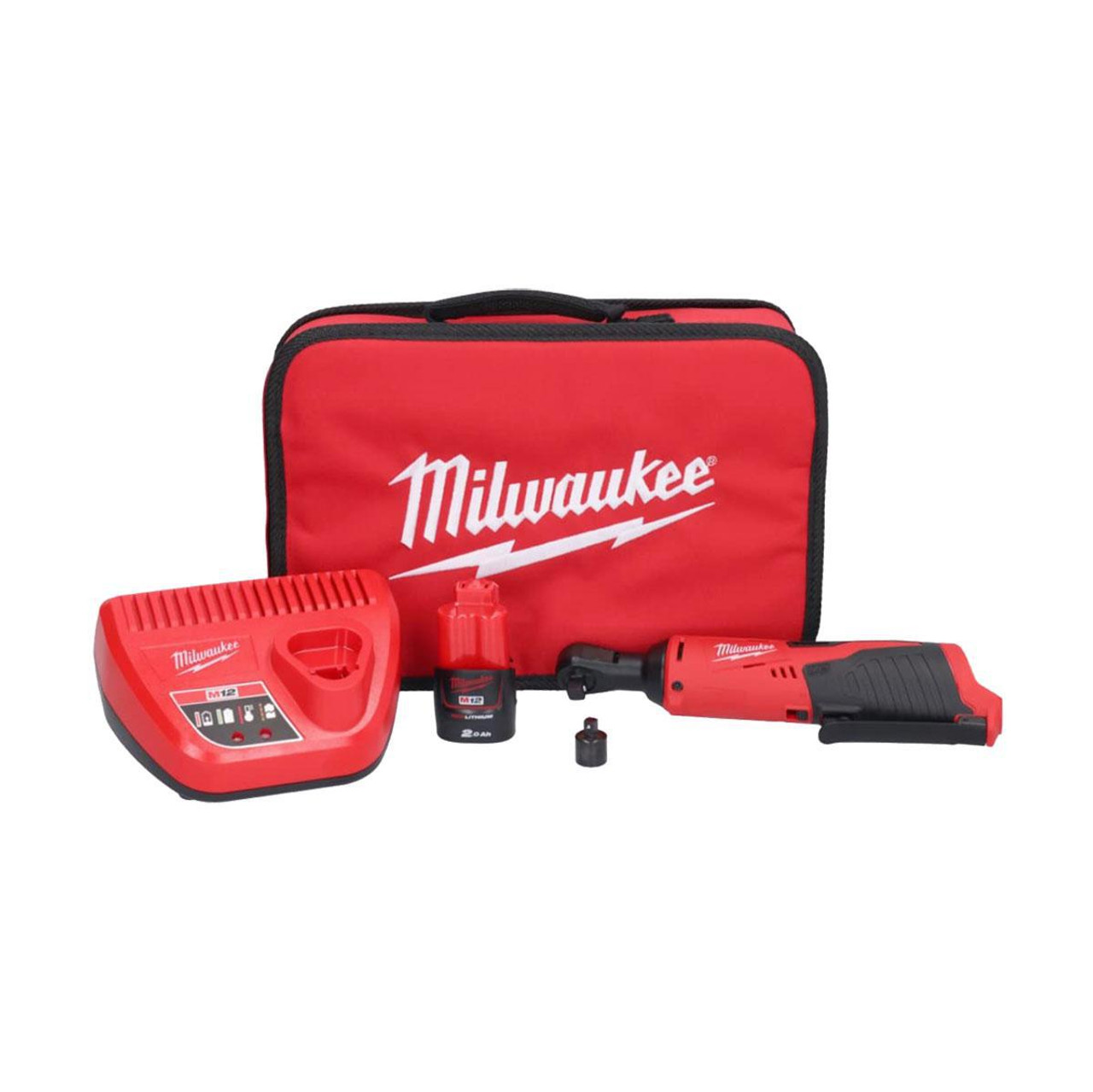 Milwaukee 12V 3/8in Angled Impact Ratchet & 1/4in Adapter - M12IR38-201B