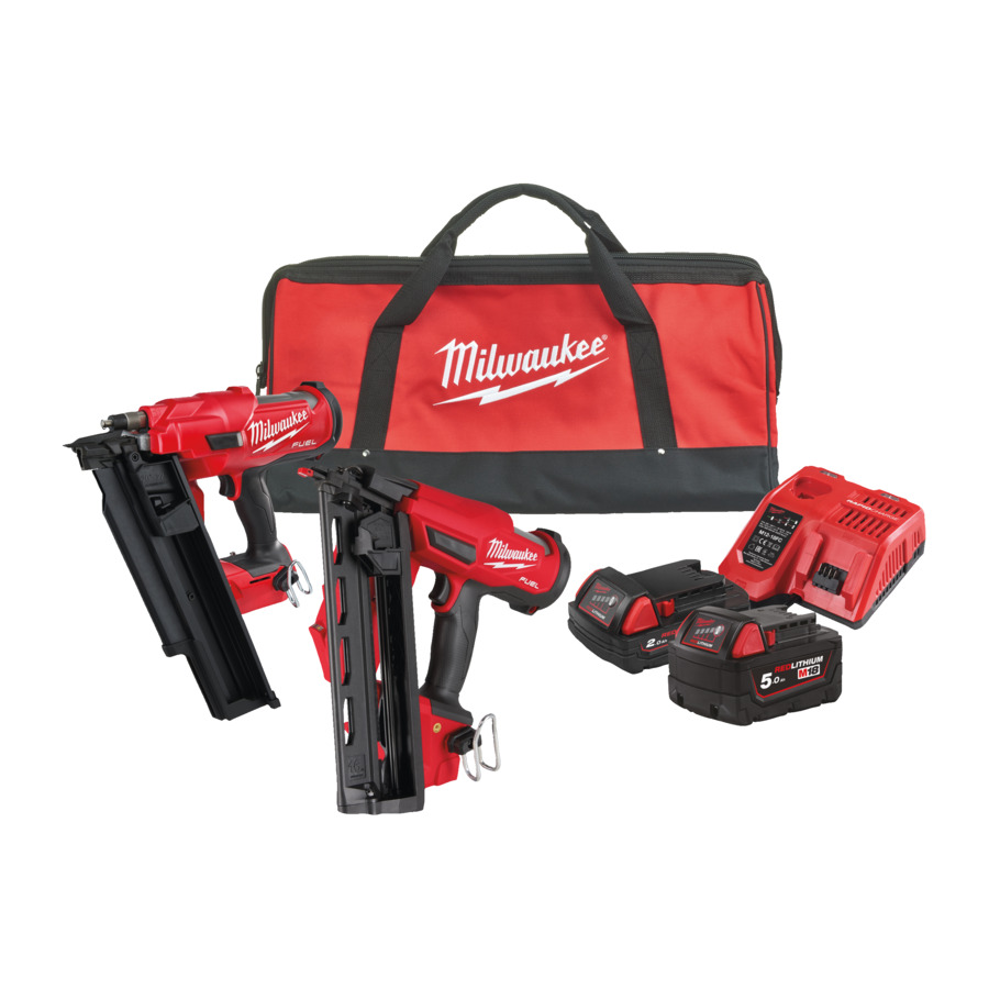 Milwaukee M18FPP2BE-522B 18V Fuel 1st Fix & 2nd Fix Angled Nail Guns - 5.0ah / 2.0ah Pack