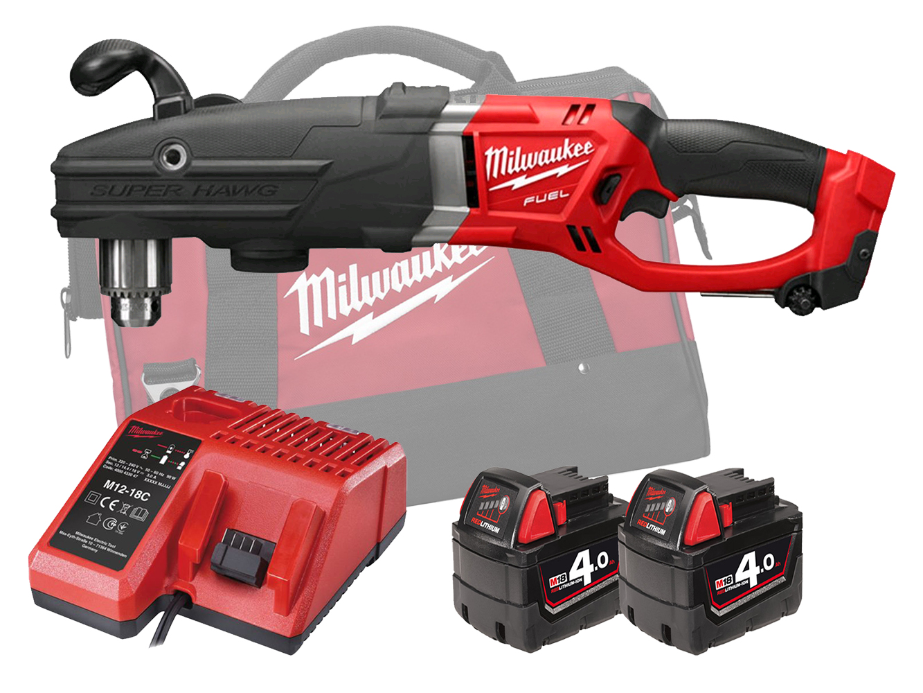 Milwaukee M18FRAD2 18V Fuel Super Hawg Right Angle Drill - 4.0Ah Pack