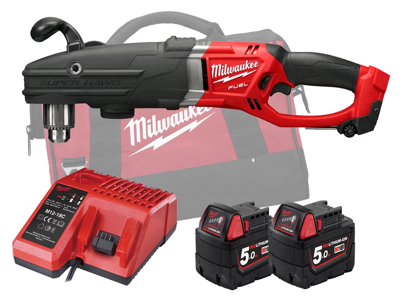 Milwaukee M18FRAD2 18V Fuel Super Hawg Right Angle Drill - 5.0Ah Pack