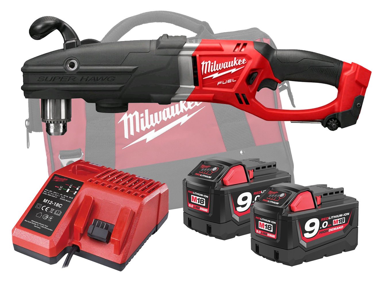 Milwaukee M18FRAD2 18V Fuel Super Hawg Right Angle Drill - 9.0Ah Pack