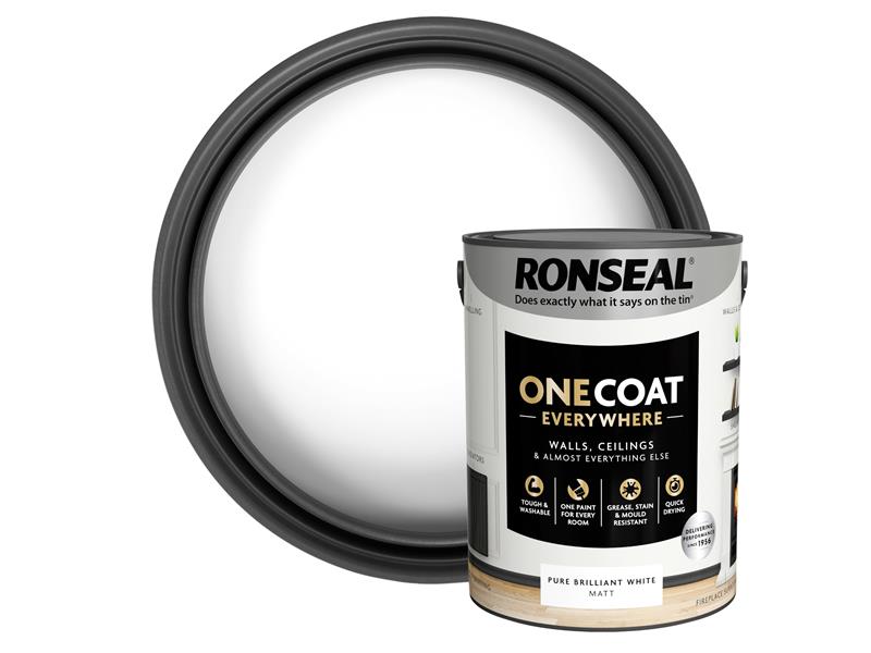 Ronseal One Coat Everywhere Interior Paint Pure Brilliant White Matt 5 litre RSLOCEBWM5L