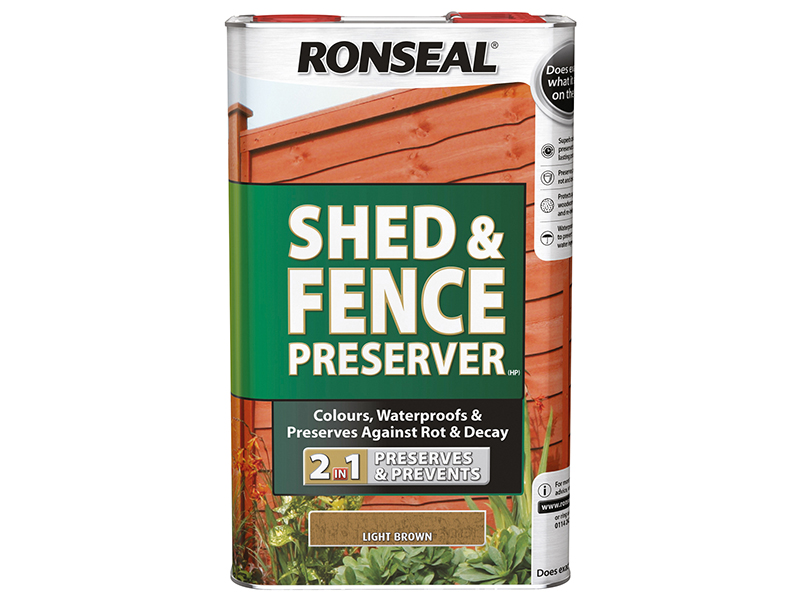 Ronseal Shed &amp; Fence Preserver Light Brown 5 litre RSLSFLB5L