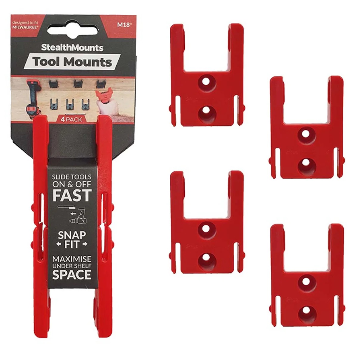 Stealthmounts - Milwaukee RED 18v Tool Mounts 4pc - TM-MW18-RED-4
