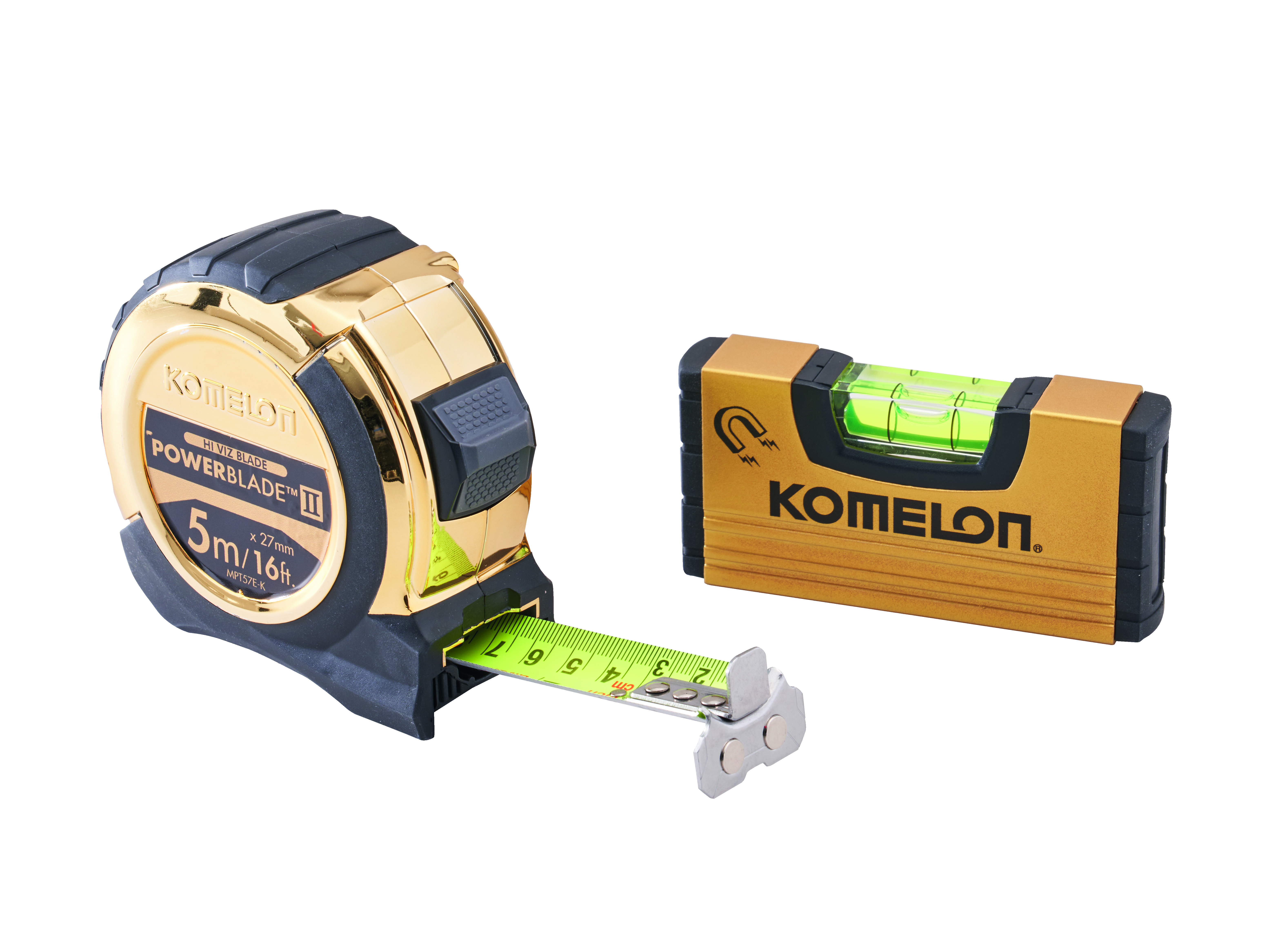 Komelon 5m (16ft) Gold PowerBlade II Tape with Gold Mini Level