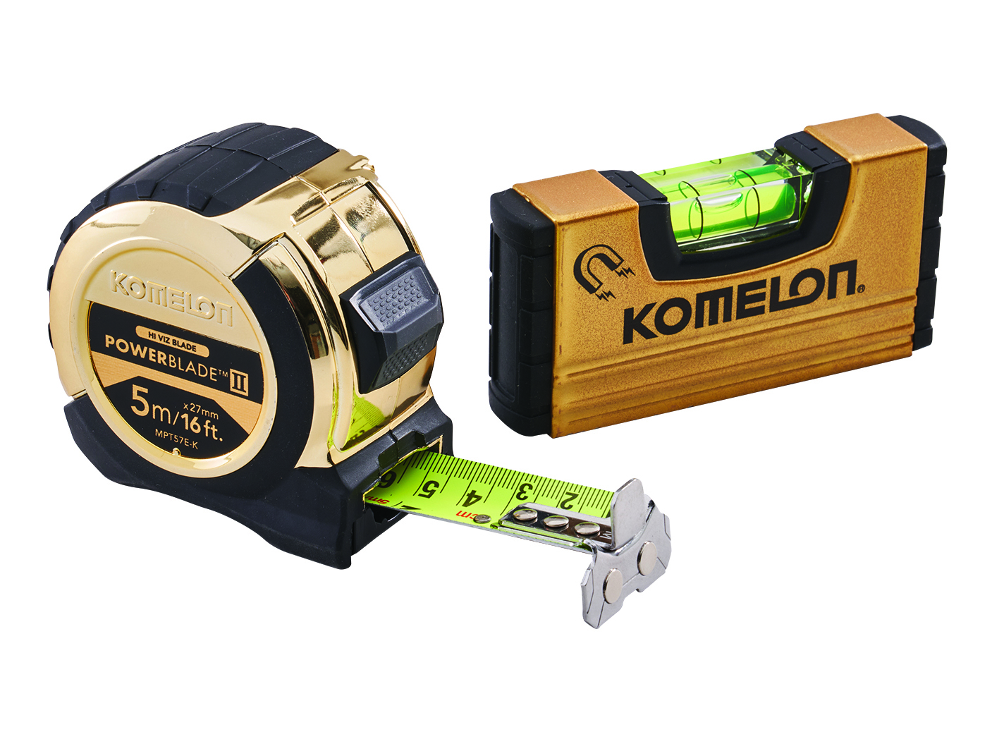 Komelon 5m (16ft) Gold PowerBlade Tape with FREE Mini Level