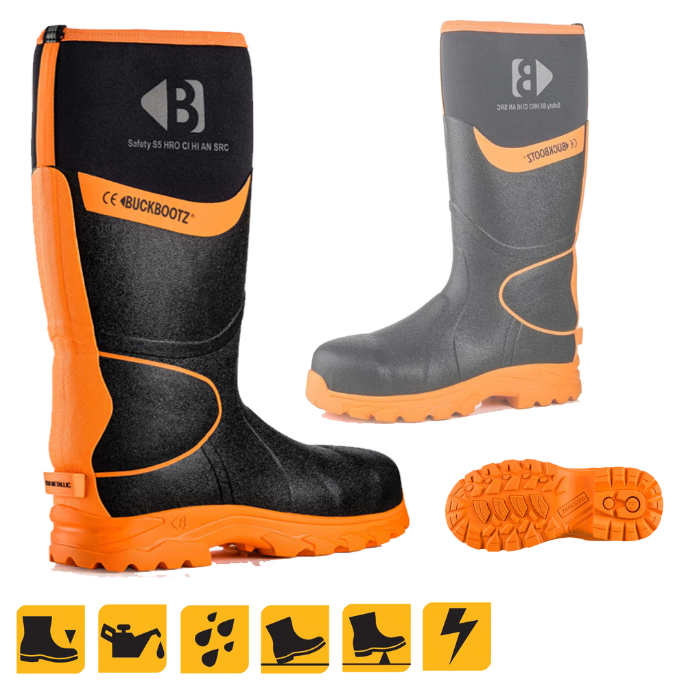 Buckbootz TBBZ8000 S5 Black/Orange Safety Wellington Boot - Size 10